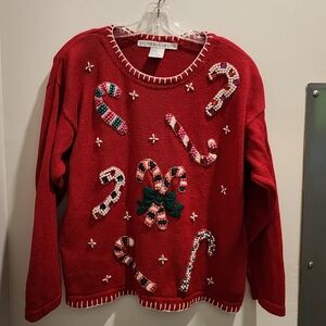 Red Vintage Candy Cane Beaded Christmas Sweater With Shoulder Pads